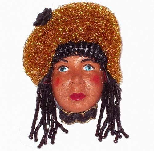 Doll Face Jewelry Pin Brooch Black Beaded Hair Gold Hat