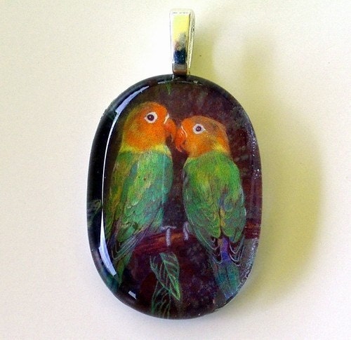 Lovebirds Jewelry Art  Pendant Oval Glass