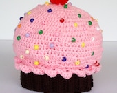 Childrens Crochet Hat Chocolate Cupcake Strawberry Pink Icing