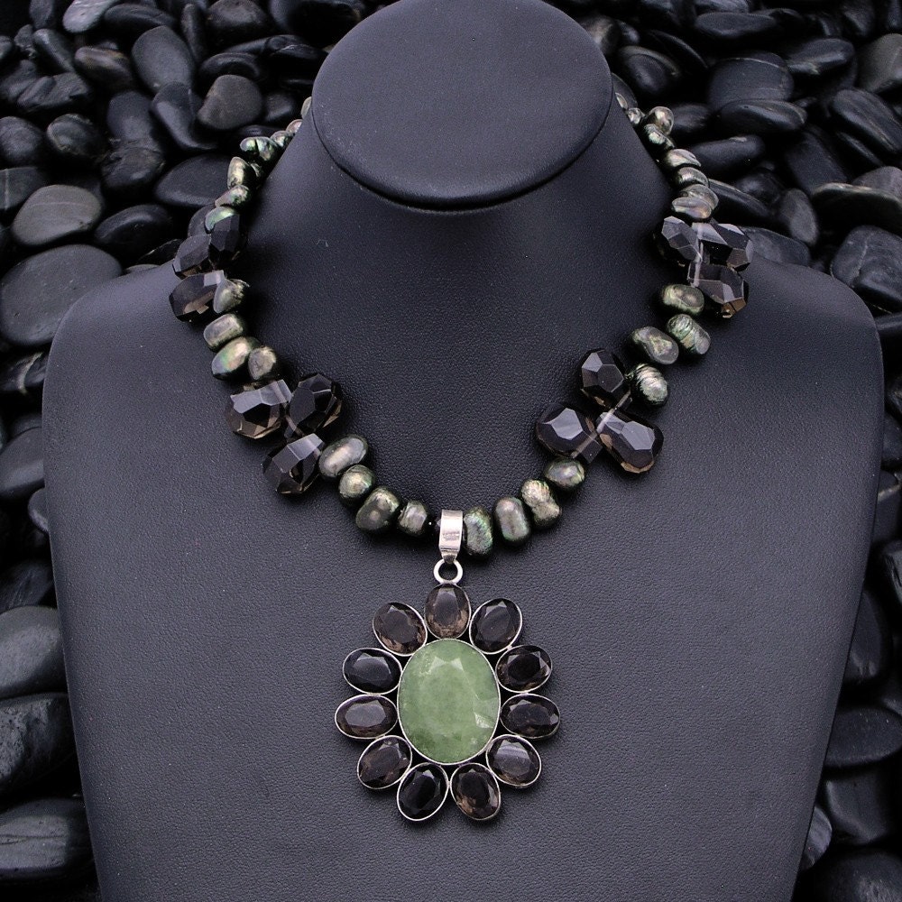 Jade and Smoky Quartz Flower Pendant Necklace