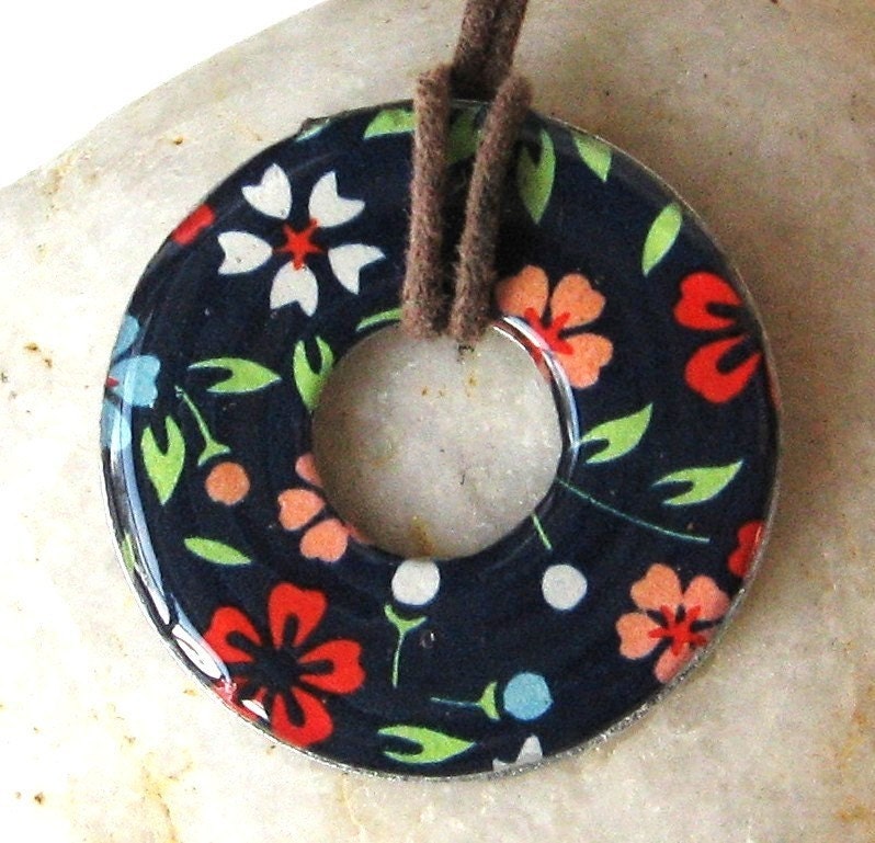 Lovely Midnight Blue Floral WASHER Upcycled Origami Paper Hardware Pendant Necklace