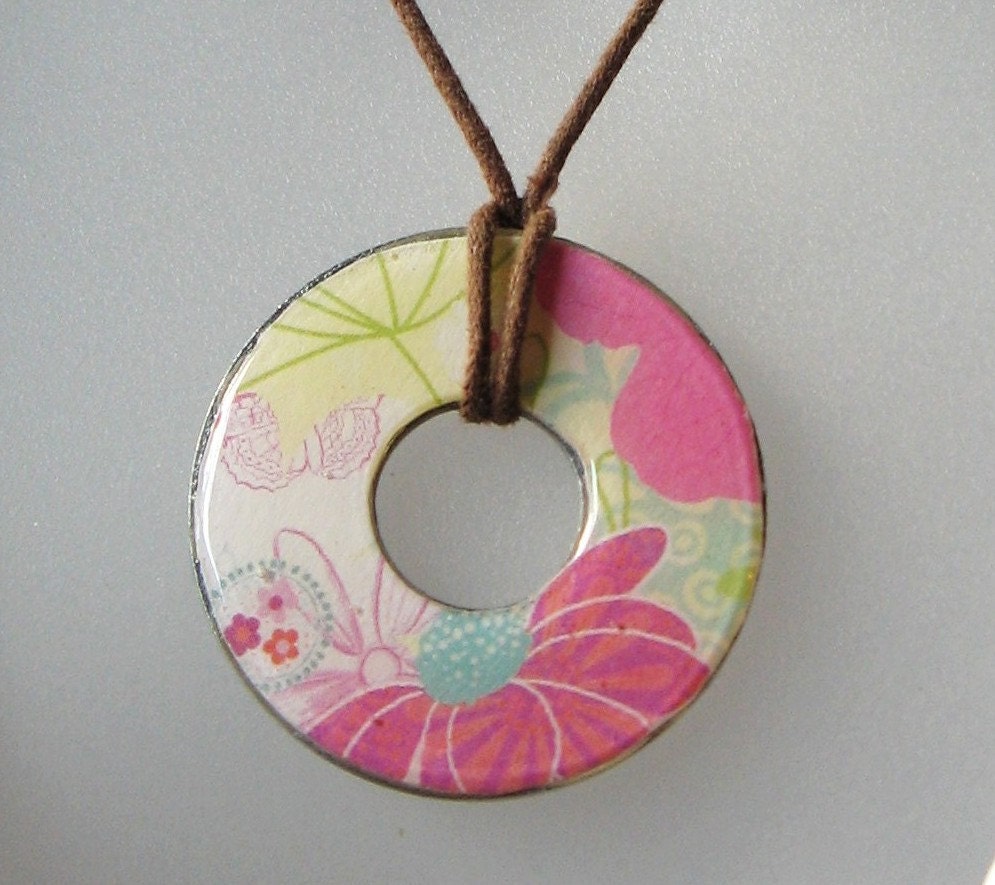 Beautiful Flower Collage Upcycled Papers Washer Hardware Pendant Necklace Design 2