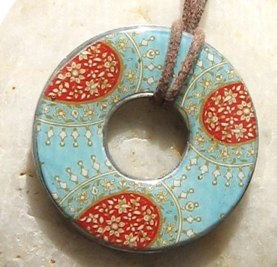 Stunning Aqua Blue and Red Sienna Taj Majal Designer Washer Hardware Pendant Necklace