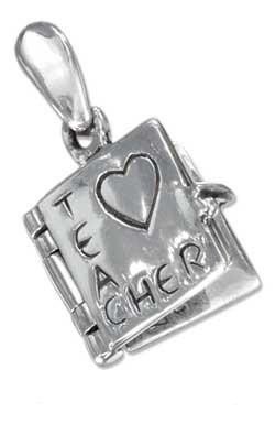 Heart Teacher Book Sterling Silver Pendant -- your choice of ribbon necklace or bracelet