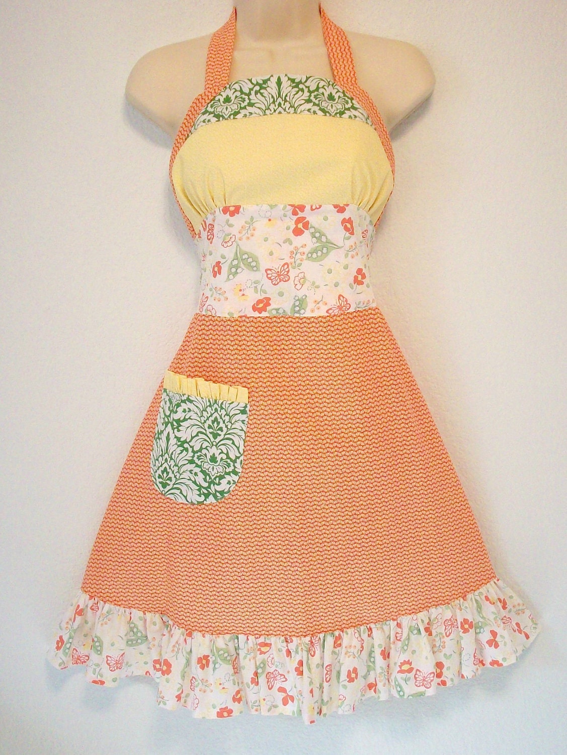 Floral Cottage Chic Halter Apron / Orange, Yellow & Green