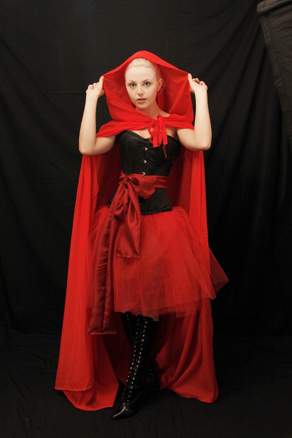 Red riding hood steel boned halloween corset -corset and sash-made for buyer