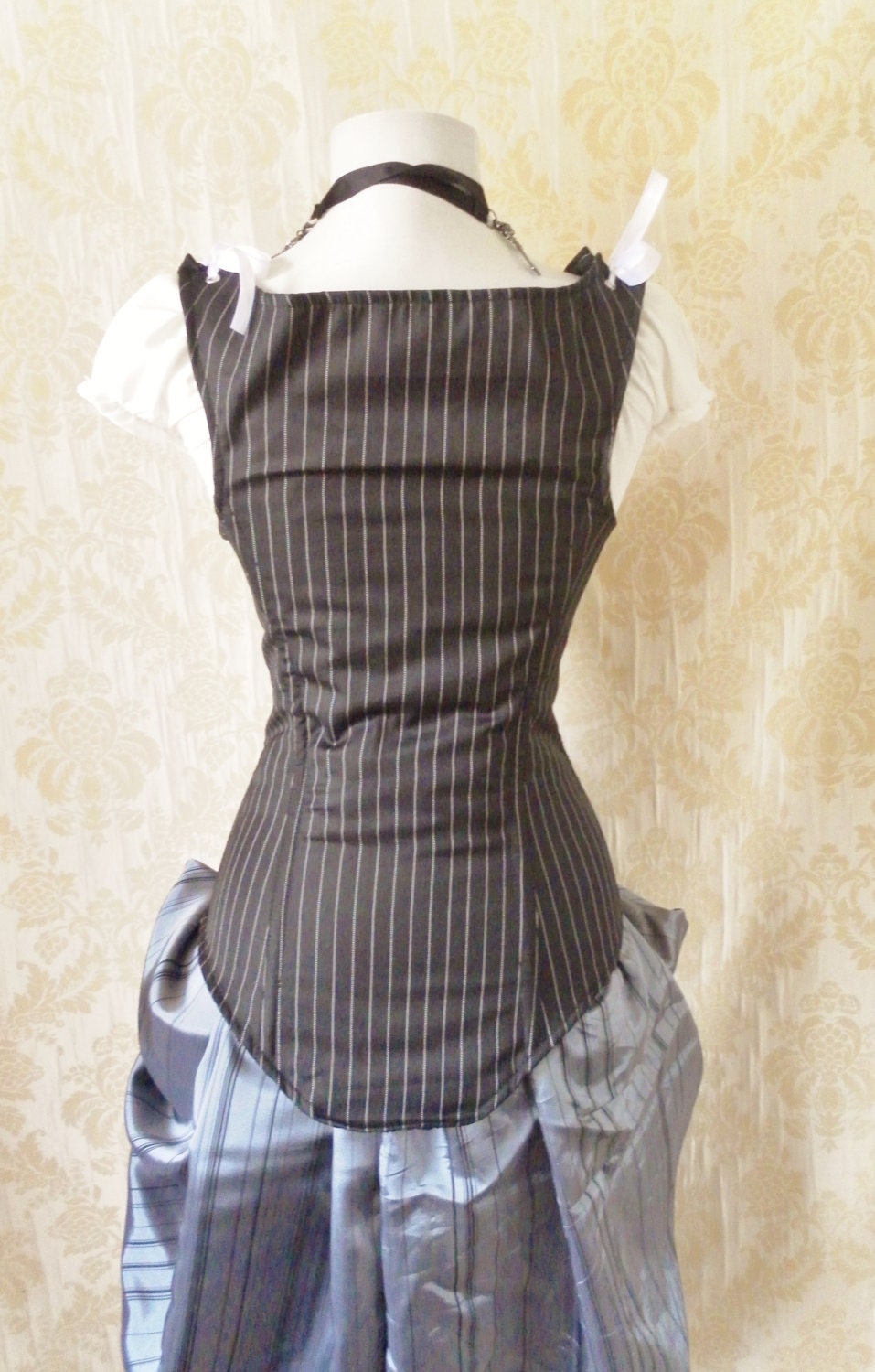 30 DOLLARS OFF Pinstripe steel boned waistcoat corset, moll lace front corset-to fit 26-27 inch natural waist