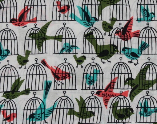 Michael Miller Vintage Inspired Little Birds with Cages Fabric by the Yard - TwigsAndTwist