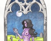 Nude purple Zombie Girl cemetery original dark fantasy art illustration full moon Midnight Monster