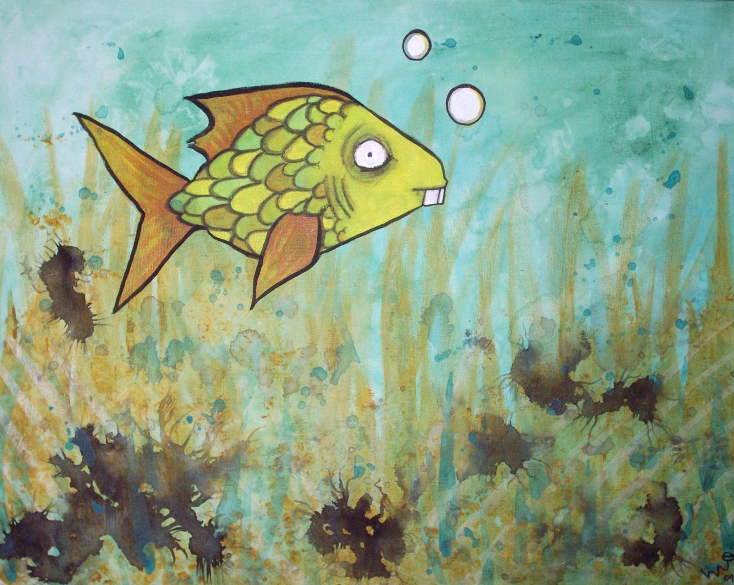 Tad the Dorky Lost Fish original painting funny comic art wall hanging slightly dark