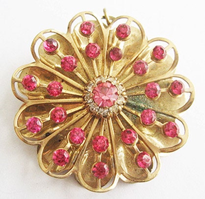 Vintage Pink Rhinestone Retro Flower Pin / Pendant