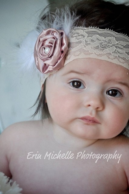 Dazzling Pink Silk Rosette with Pearl and Feathers on Thick Ivory Lace Headband - Photographers Prop