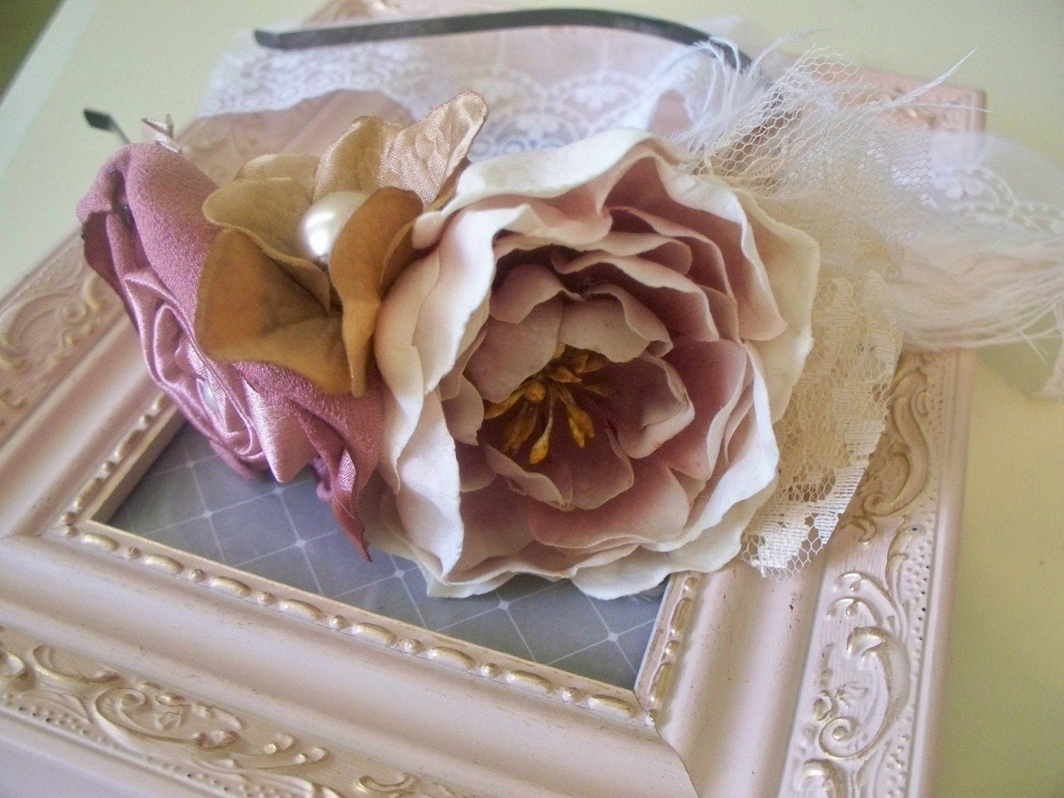 Creamy Rose Vintage Victorian Hair Piece Headband with Duponi Silk Lace Pearls and Feather - Perfect Photography Prop - Wedding Hair Piece