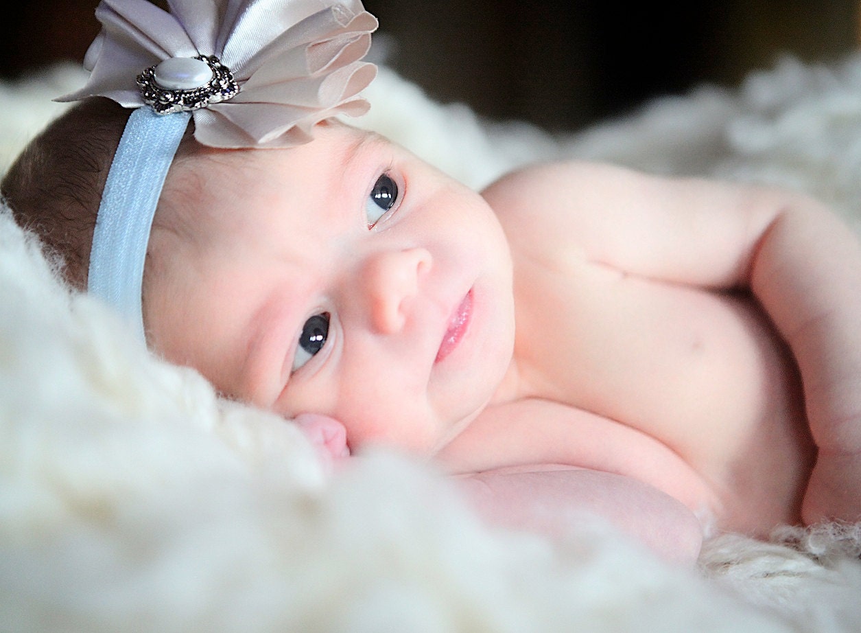New for 2011 - Vintage Inspired Ivory Satin Flower on Pale Blue Headband with Amazing Pearl Centerpiece- Great Photography Prop