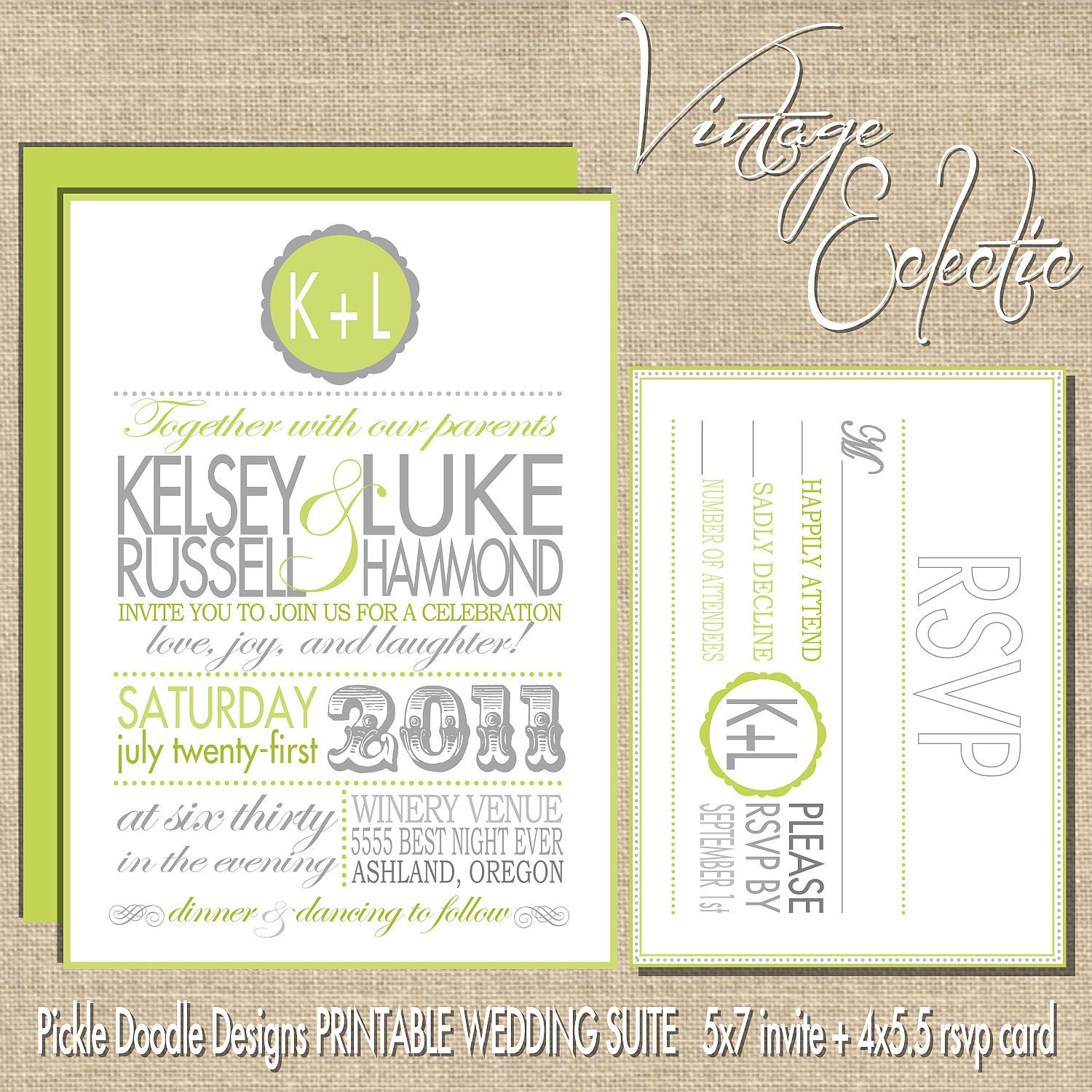 Printable Wedding Invitation Suite,Vintage Eclectic Green & Gray 5x7