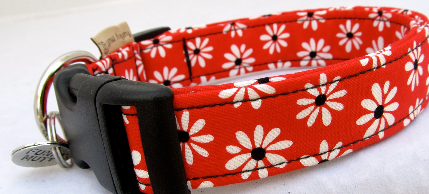 Colorful red daisy dog collar with white and black accents-- adjustable to for perfect fit-- you pick size
