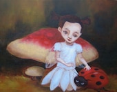 Whimsical wall art Mushroom fairy and ladybug original painting Friends