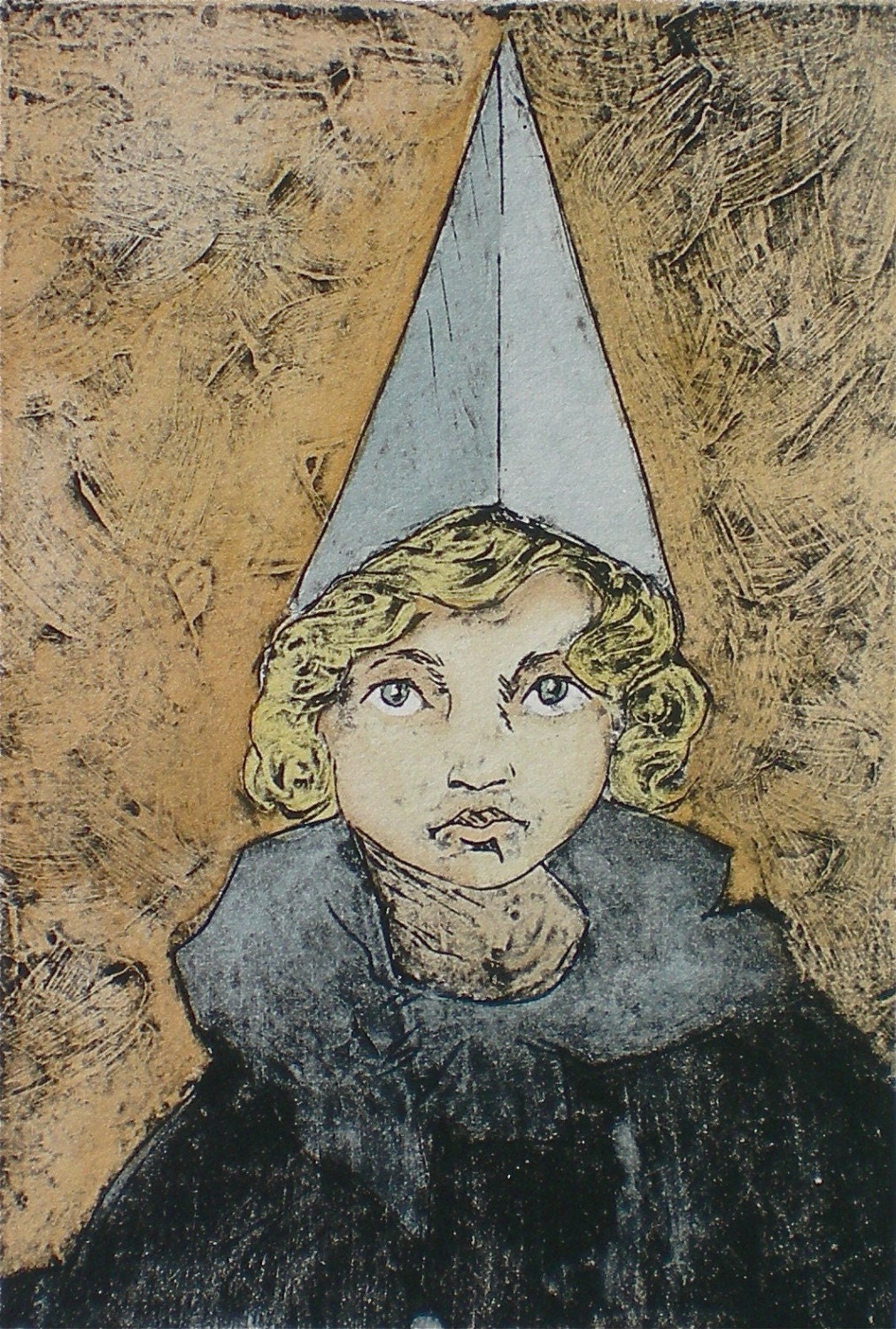 Whimsical wall art Original collograph print with watercolor  Performer
