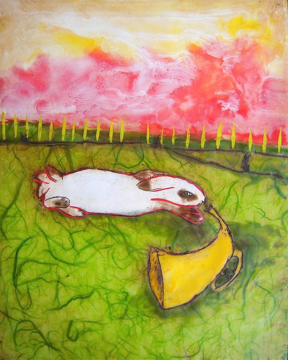 Original rabbit encaustic wax art painting in red and green on board Hornblower
