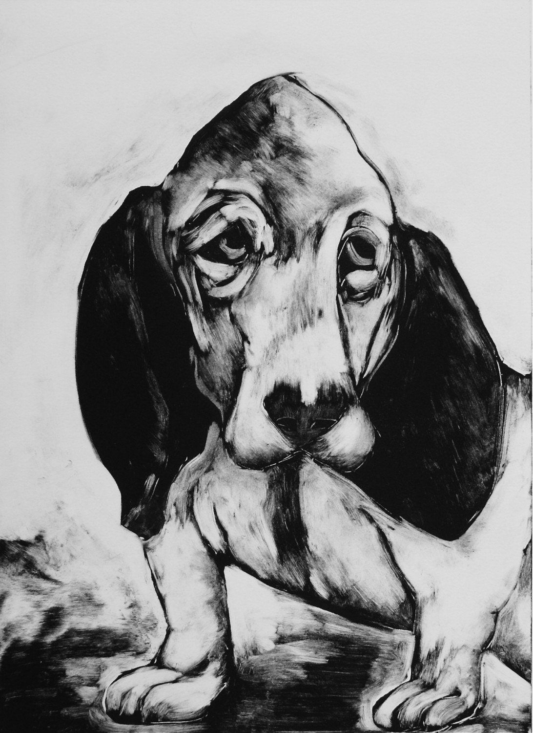 Whimsical wall art sad dog Original monotype print Hound Dog