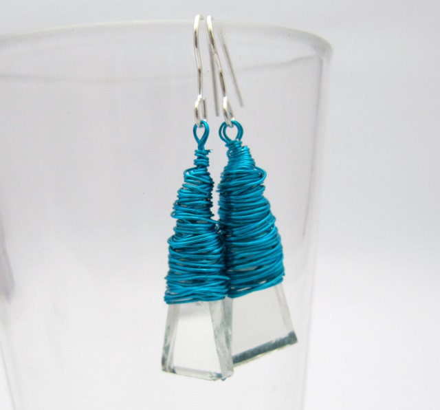Drop Earrings, Recycled Glass Earrings, Drop Dangles, ecofriendly jewelry, recycled mirror dangle drops, blue wire wrapped