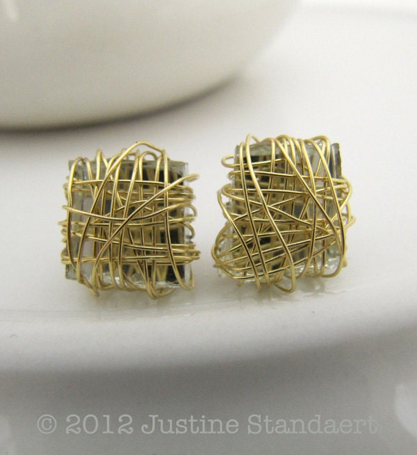 golden square earstuds recycled glass