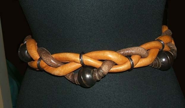 Vintage Belt by Julia De Peralta of Spain. Braided Leather with Metal Beads. Waist 26 through 28.
