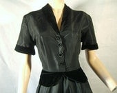 1950s Evening  Dress. Special Occasion.  Black Satin and Velvet. Peplum Accent. Circle Skirt. Bust 38
