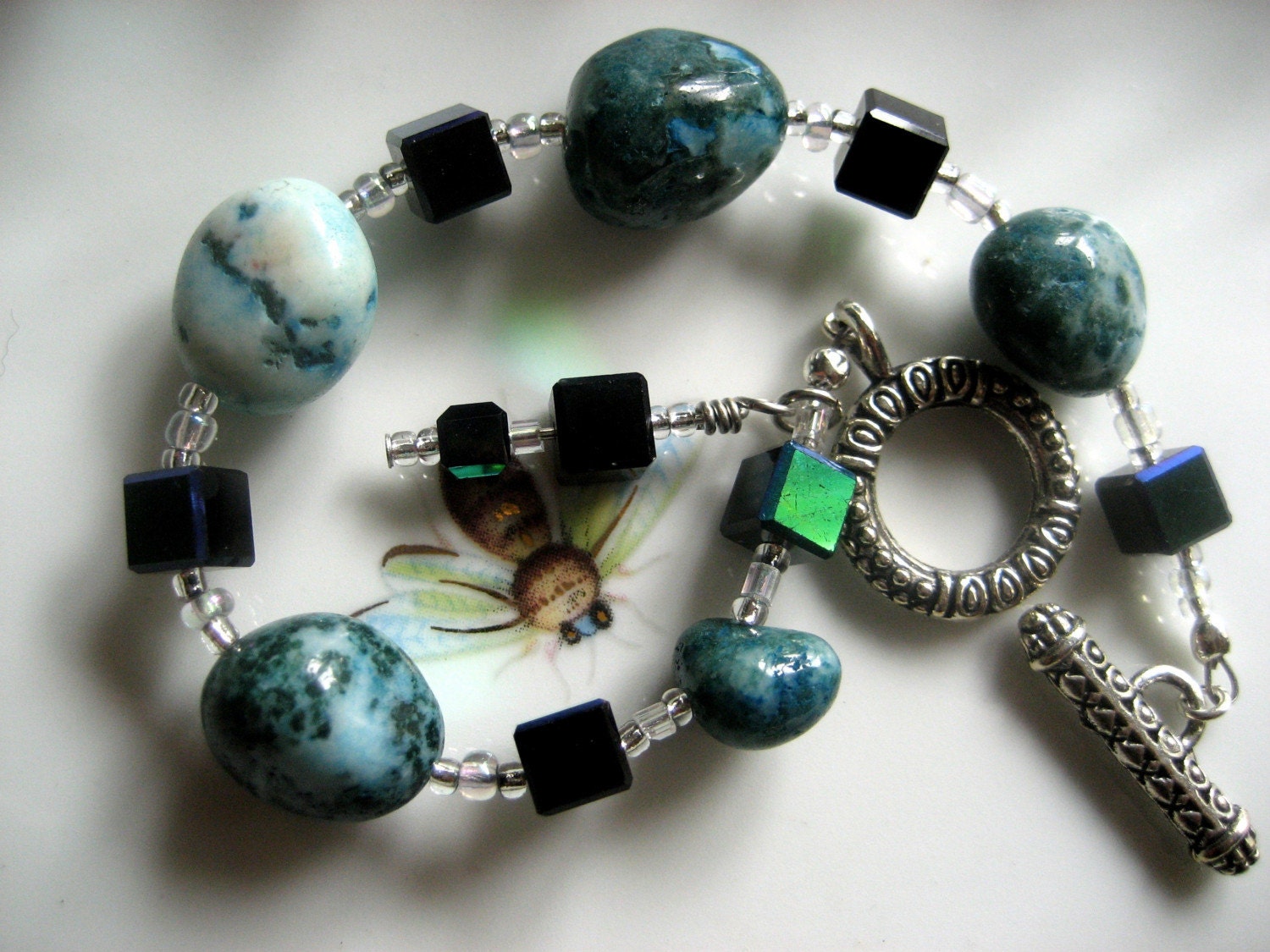 Turquoise Agate, Seed Beads, and Square Blue Faceted Glass Beads Bracelet With Dangling Charm - Turquoise Sea - One of a Kind