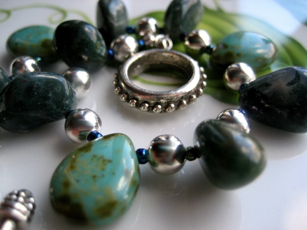 Czech Glass and Agate Bracelet - Green Moss and Turquoise - One of a Kind