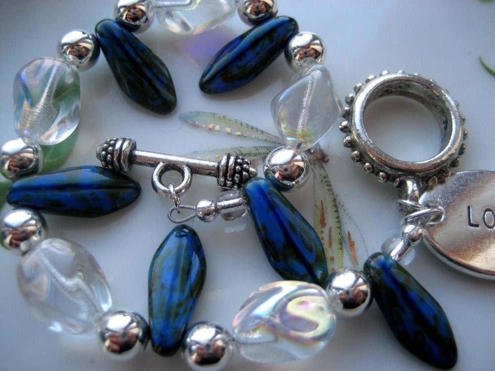 Blue Czech Glass Daggers, Clear Glass and Silver Beads with Dangly Love Charm Bracelet - Love in Blue - One of a KInd