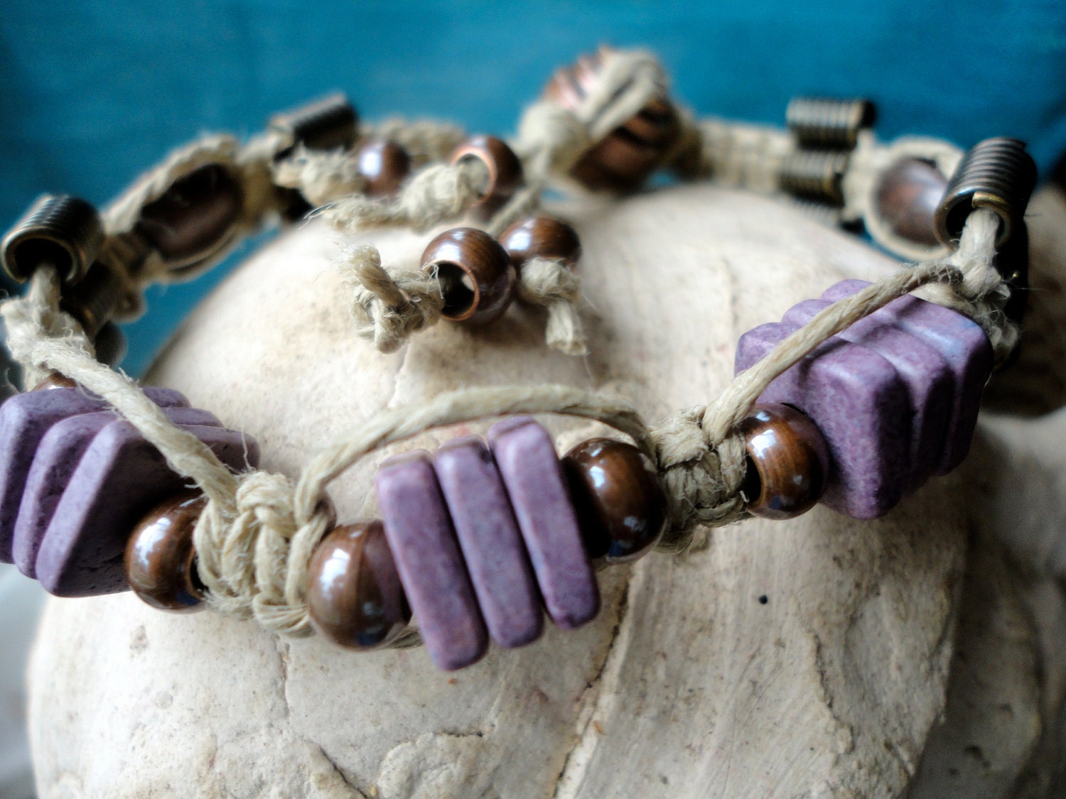 Greek Mykonos Square Beads and Hemp Knotted Bracelet