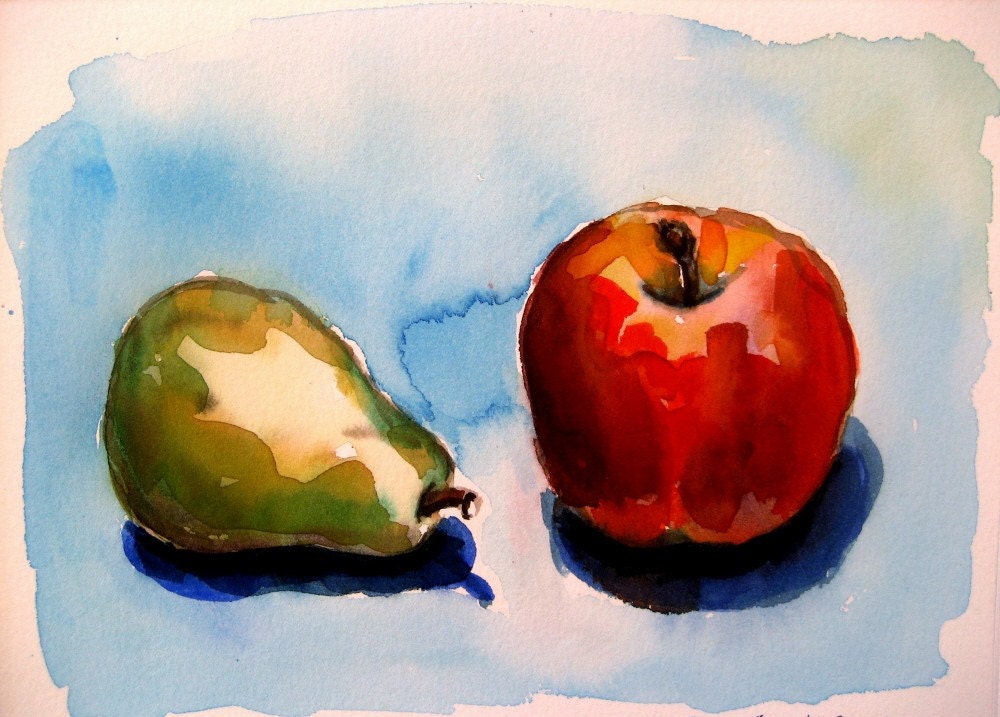 Pear and Apple -  Original Watercolor Painting  Still Life  9x12