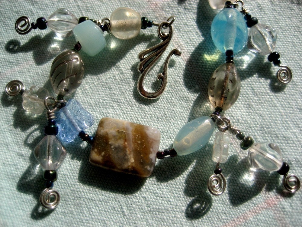 Semi-Precious Jasper Focal Stone and Blue, Purple, Clear Glass Beads and Hand Swirled Wires Charm Bracelet - Ocean Foam - One of a Kind