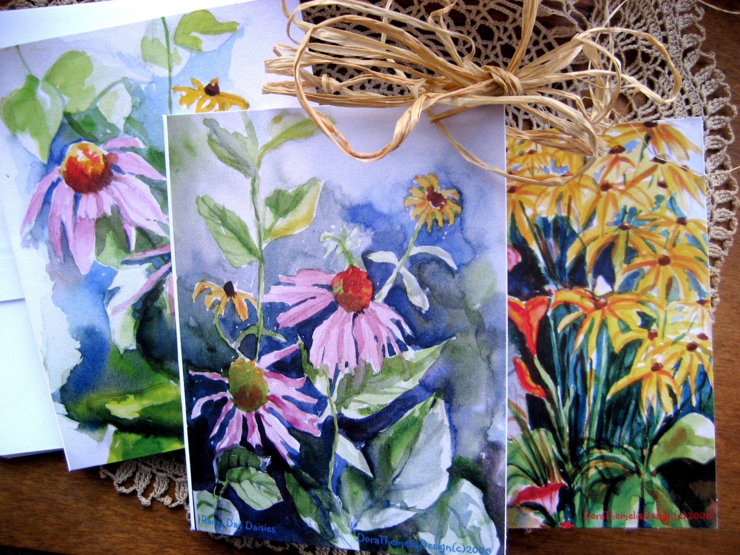Set of 3 4x5 Blank Note Cards with Envelopes -  Repro of Original Floral Paintings  - Summer Daisies Watercolor Series