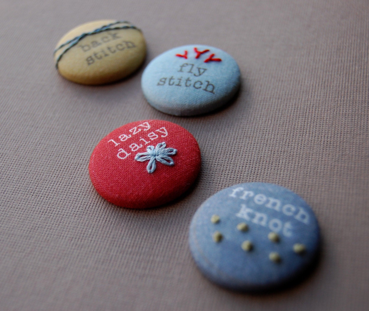 Magnets or Pinback Buttons, Hand Embroidered Modern Sampler Magnets in SUMMER BERRY Colors