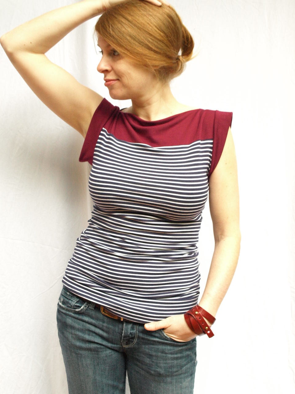 SALE Raspberry and navy stripes boat neck  tee medium