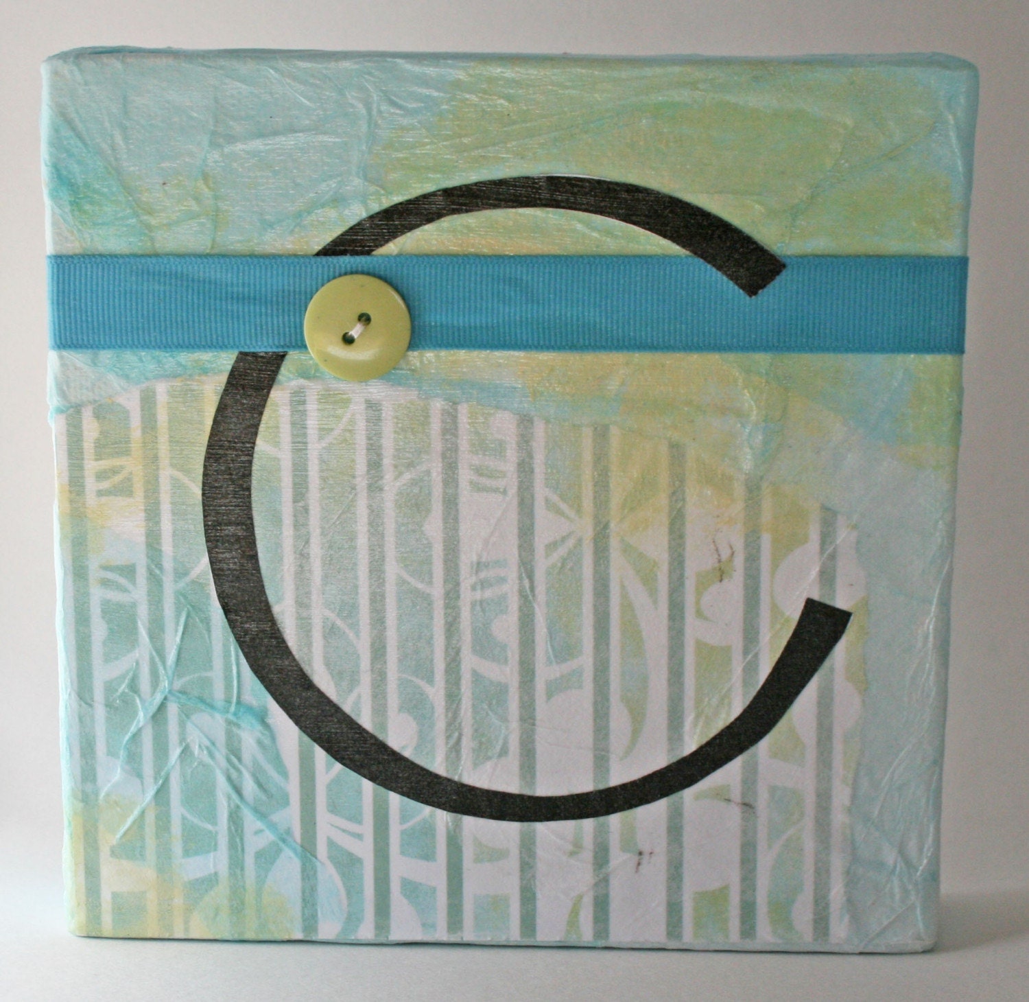 Letter C Wall Art . Blue and Green with Ribbon and Button . Small 6 x 6