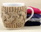 Buff Fleck Hand Knit Coffee Mug Cozy Cable