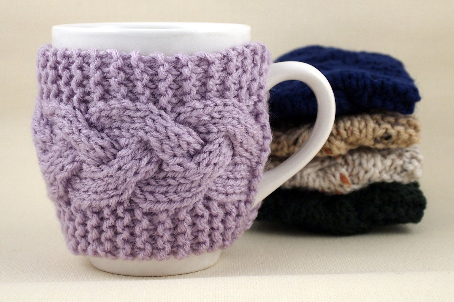 Pale Plum Hand Knit Coffee Mug Cozy Cable