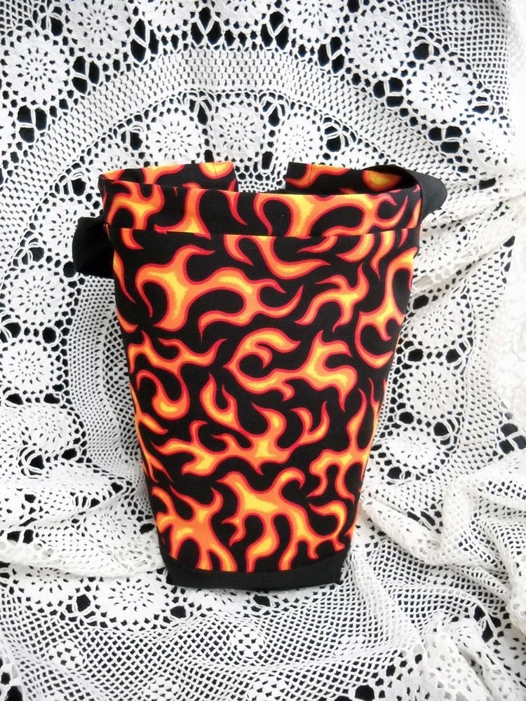 Knitting Project Bag, Crochet Tote Bag, Flames on black cotton, lined n padded, drawstring, grab n go knitting bag