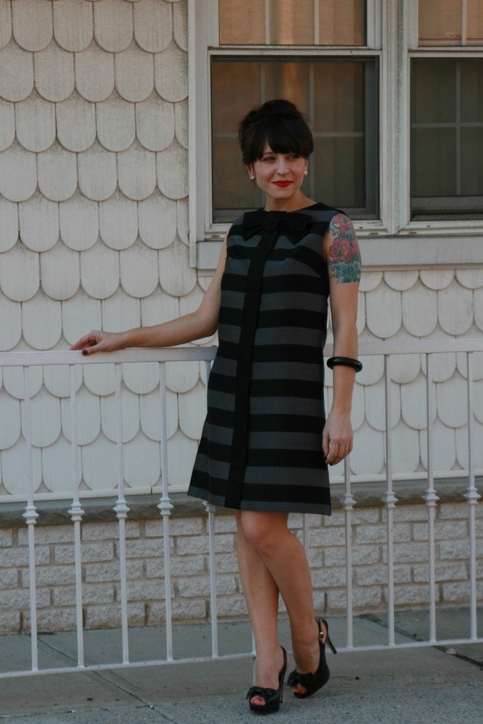 1960s black and gray STRIPED cocktail dress with bow M L