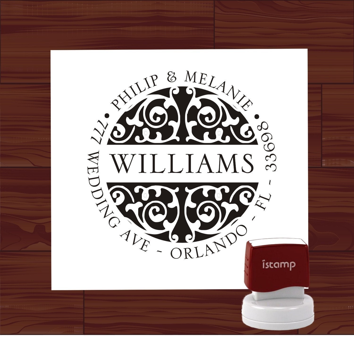 Custom SELF INKING Damask Return Address Rubber Stamp ---- Style1252 - Personalized Stamper - Wedding, Christmas, or Housewarming Gift