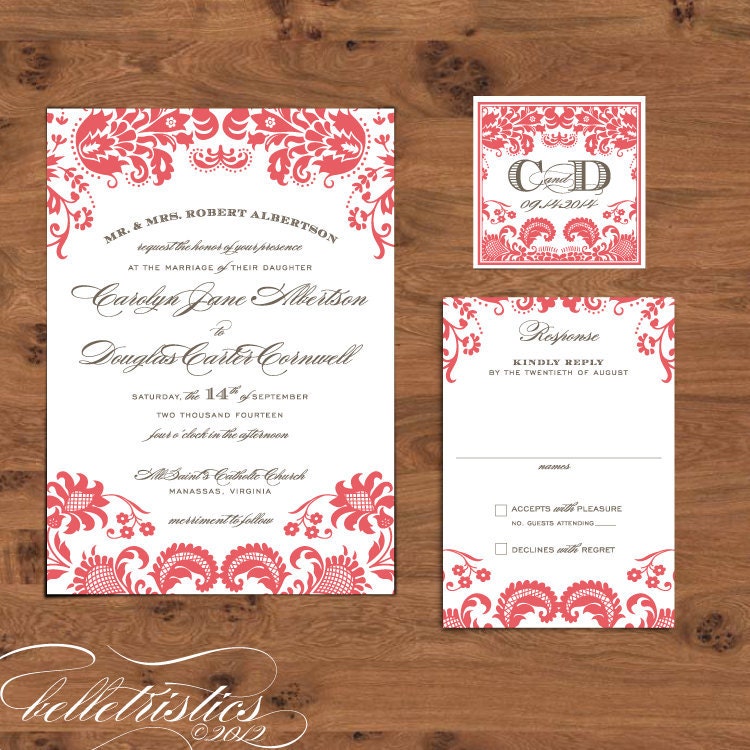 Damask Printable Wedding Invitation, DIY print at home template  - Darling