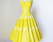 vintage 1950's dress ...sunshine yellow MATTHEW RICHARD MIAMI cotton pintucked shelf-bust full skirt pin-up party summer dress - traven7