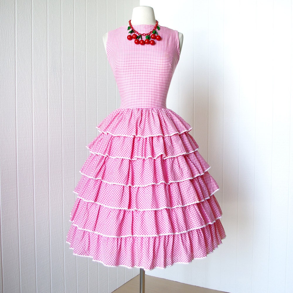 on HOLD vintage 1950's dress ... pretty in PINK GINGHAM ruffles crocheted trim full skirt pin-up party dress