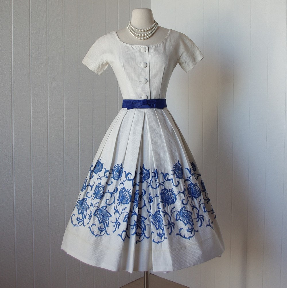 vintage 1950's dress   ...beautiful designer JEAN D'ARC embroidered white cotton pique full skirt  pin-up dress  -featured item-