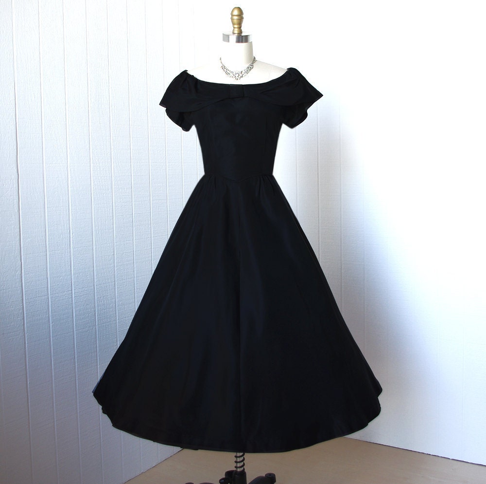 vintage 1950's dress ...pretty BETTY BARCLAY black ruffled bustle back full skirt shoulder skimming shawl collar pin-up cocktail party dress