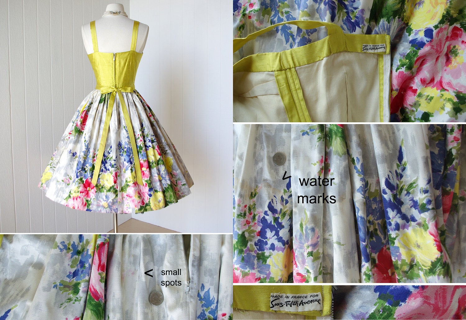 vintage 1950's dress ...made in france for SAKS FIFTH AVENUE gorgeous chartreuse shantung and floral cotton full skirt pin-up party dress