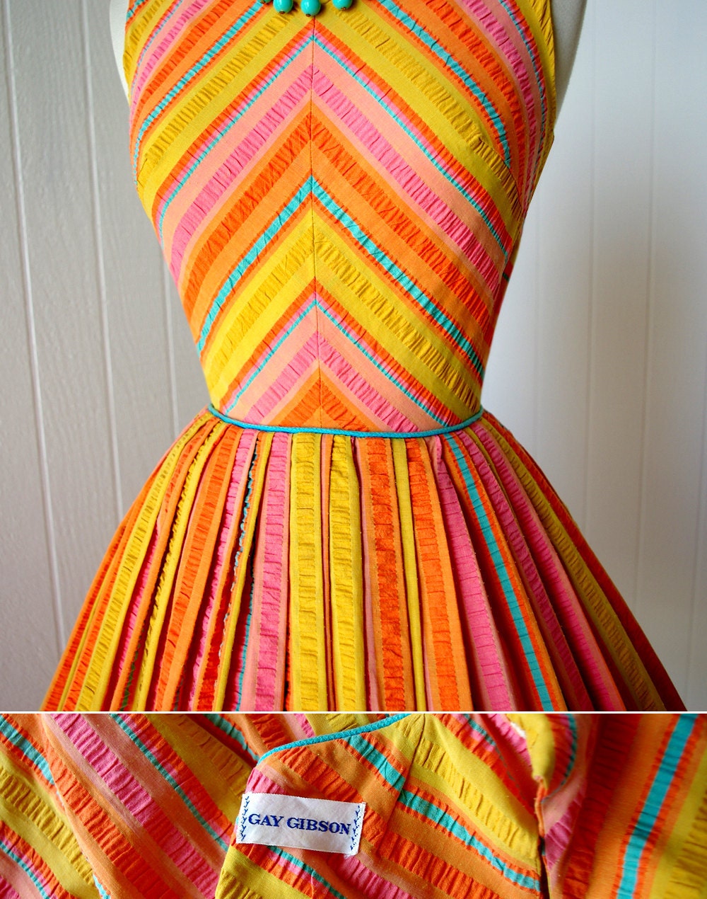 vintage 1960's dress ...tutti fruitti GAY GIBSON chevron sorbet cotton seersucker full skirt pin-up summer dress